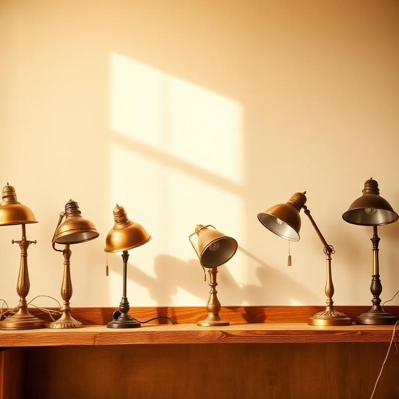 Vintage brass table lamps on a wooden surface in warm light